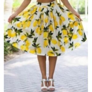 Grace Karin Lemon Print Pleated A-Line Skirt with Pockets White Yellow XXL
